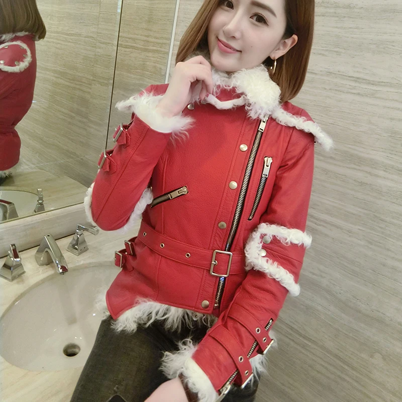 Locomotive Style Leather Genuine Mongolia Sheep Wool Women Slim Fur Real Ladies Winter Genuine Sheepskin Leather Clothing