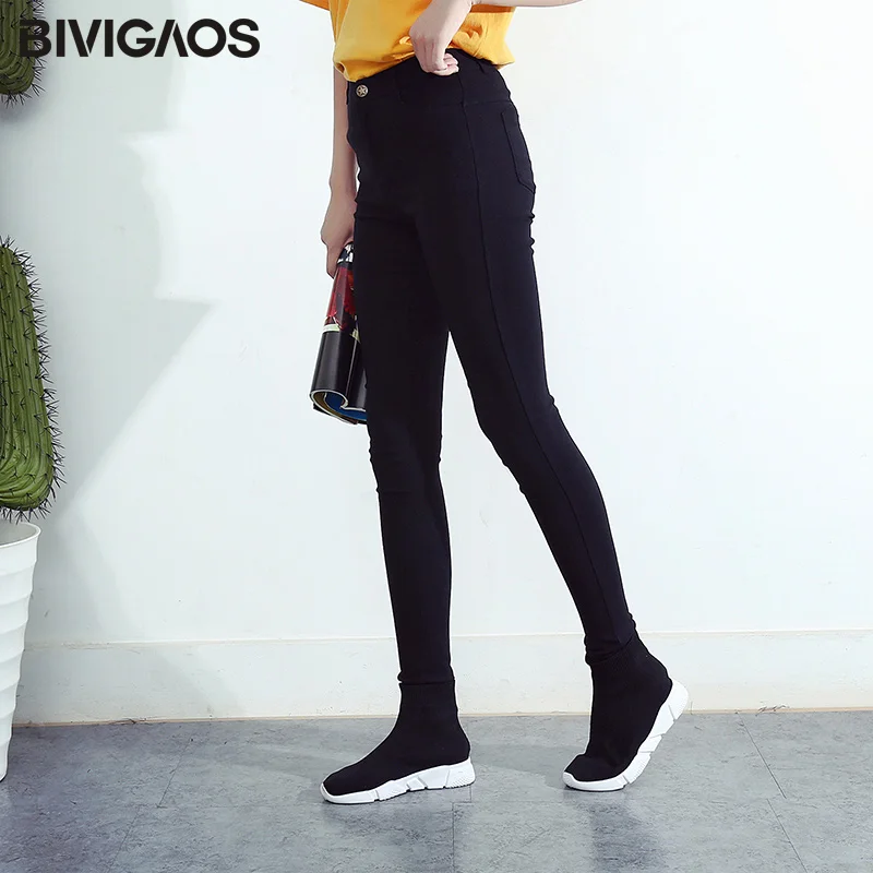 BIVIGAOS Womens Slim Woven Black Nine Pants Zipper Fly Button Placket Leggings Skinny Pencil Pants Elastic Trousers For Women