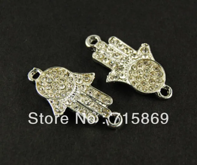 NEW !10 pcs 30x18mm Silver tone Cyrstal Fatima Hamsa Hand Bracelet Connector Free Ship