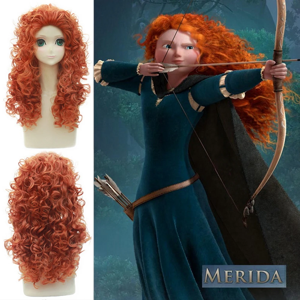 Anime Movie Brave Long Curly Princess Merida Cosplay Wig for Costume Party Synthetic Orange Hair With Wig net