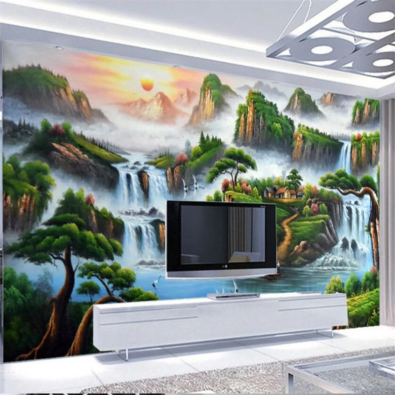 

wellyu Three-dimensional mountain water waterfall sunrise oil painting TV background wall custom large mural green wallpaper