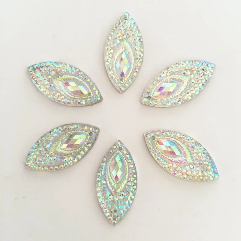 AB Resin Horse Eye Flatback Peacock Eye Rhinestone Wedding Decoration 2 Hole 40PCS 11*22mm ID34*2