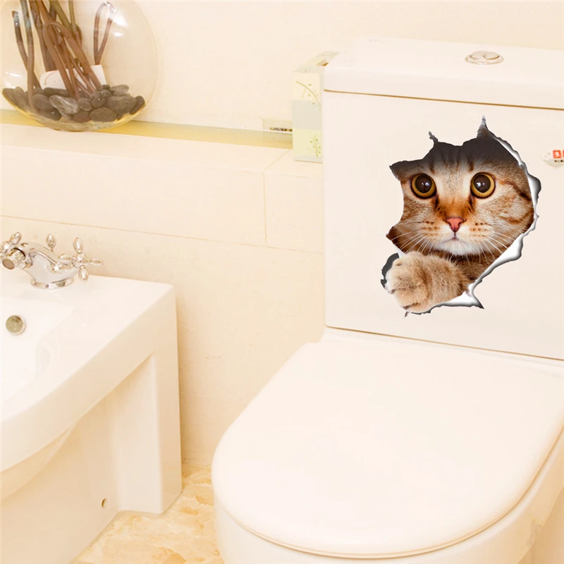 

3d view vivid cats wall stickers home decor living room bathroom toilet animal pvc through wall decals art diy poster gift