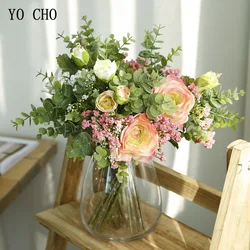 Ramo de novia de YO CHO, flor de rosa de loto de seda Artificial, hoja de eucalipto, aliento del bebé, dama de honor, ramo blanco, decoración del hogar
