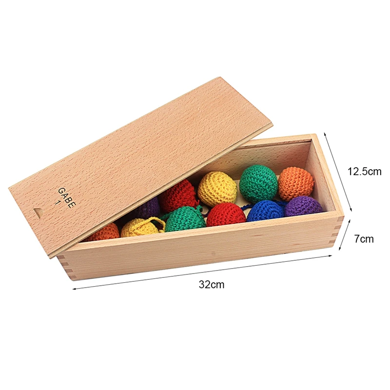 Lot de 12 balles tricotées en bois pour bébés, jouet éducatif éducatif avec boîte, aide pédagogique, couleur, jeux GABE1 2-4