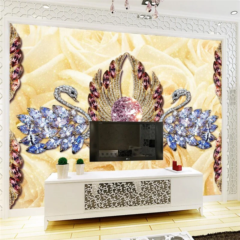 wellyu Crystal Swan 3D Stereo Jewelry Background Wall Luxurious TV Backdrop Customized Large Wallpaper Eco Wallpaper