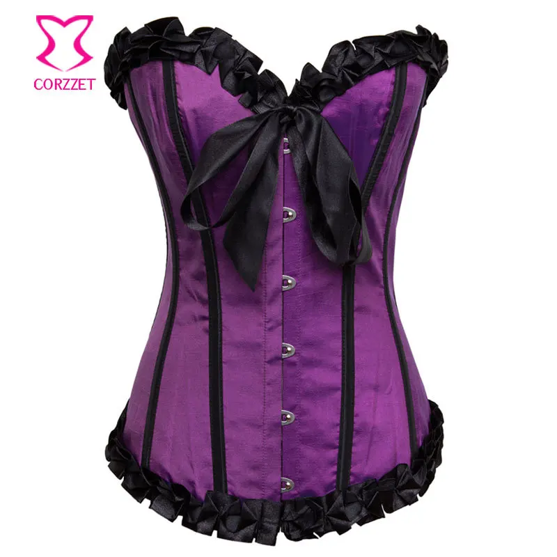 

Corzzet Sexy Lingerie Satin Corset Purple Corsets and Bustiers Top Floral Lace Corselet Brocade Waist Trainer Plus Size S-6XL