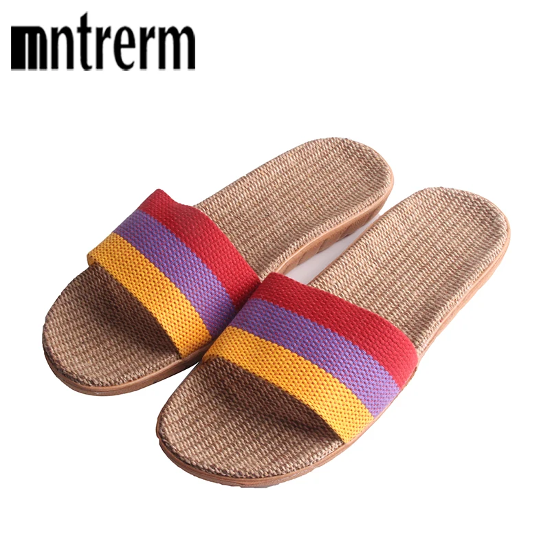 Mntrerm Sale Linen Slipper Lover Summer Style Floor Nonslip Breathable Indoor Slippers Women Shoes Flax Striped Bedroom Shoes