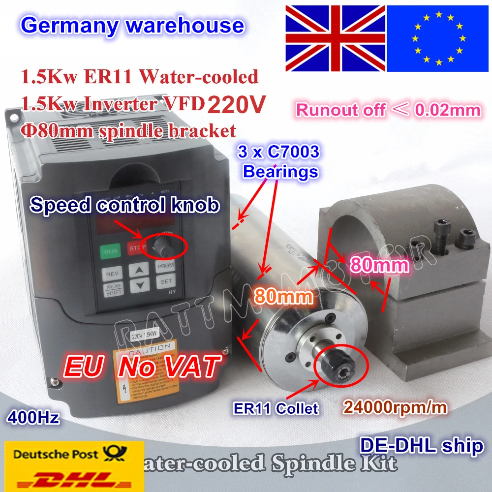 

From EU/free VAT 1.5KW Water-cooled spindle motor 220V/ER11/24000rpm/1.5kw Inverter VFD 220V/80mm Fixing for CNC Router Milling