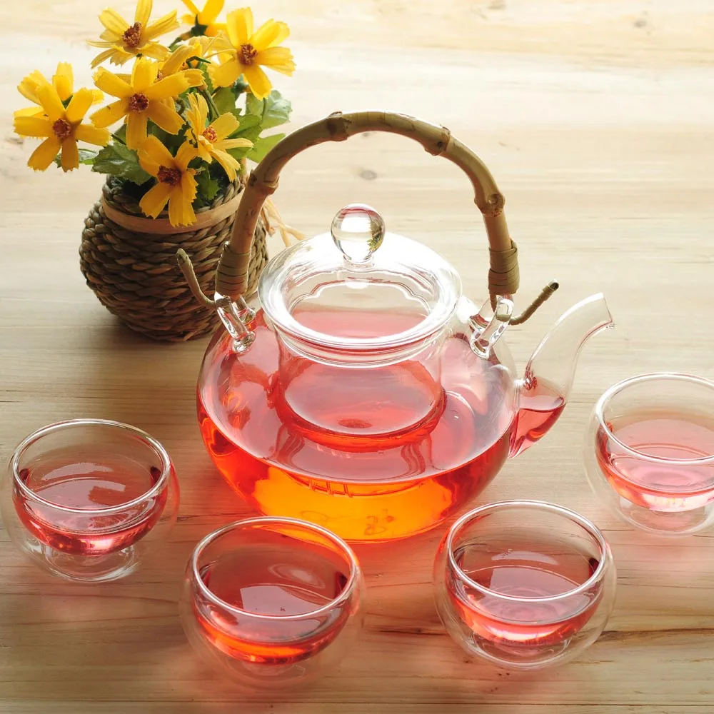 

Bamboo handle 600ml Glass teapot with infuser/filter+ 4/6 Cup+gift,tea set for oolong/herbal/flower/black/green/Chinese puer tea