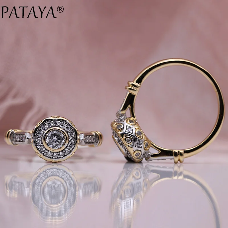 PATAYA New 585 Rose Gold Color Lovely Carved Natural Zircon Rings Women Fashion Jewelry Wedding Fine Craft Hollow Round Ring