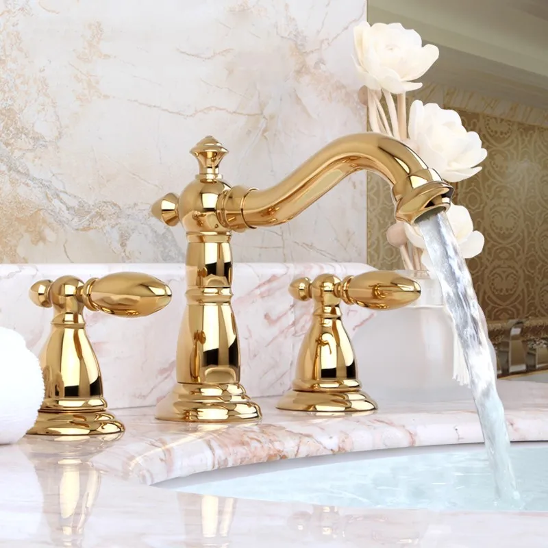 European Luxury gold solid brass Double handle three holes Widespread Bathroom Sink Faucet high quality Basin Vanity Mixer Tap