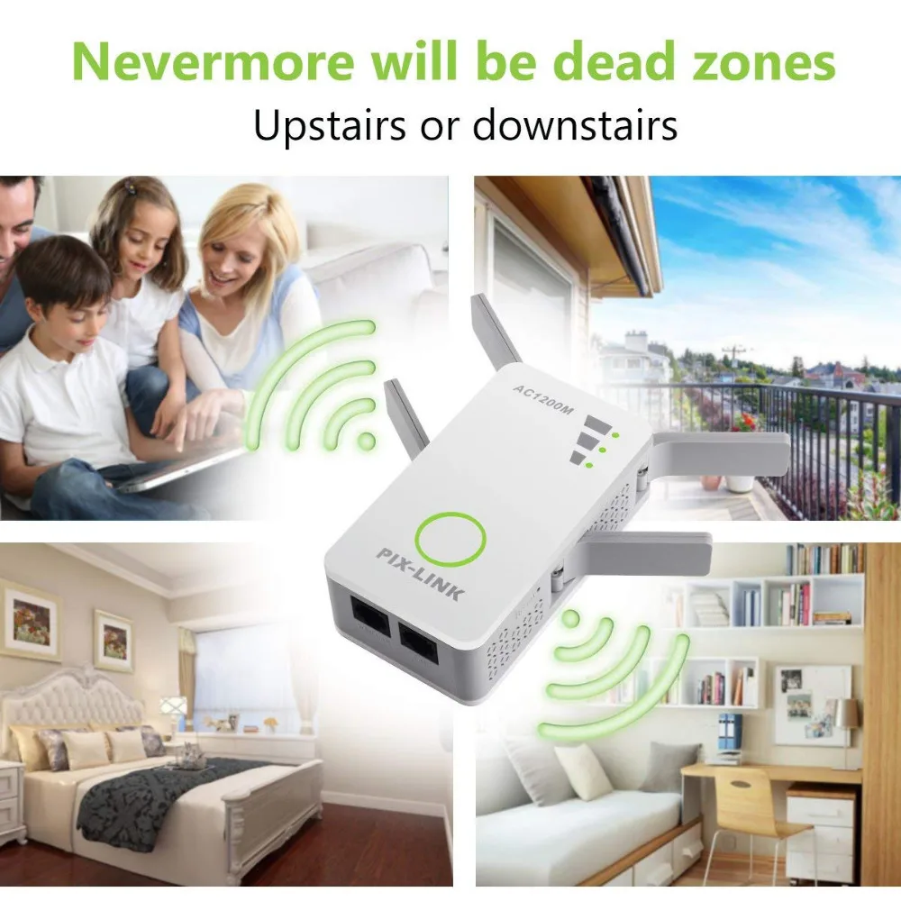 PIXLINK 1200Mbps Router WiFi Network Extender Wifi Repeater Signal Booster Wireless Dual Band 2.4/5GHz Plug Support WISP Mode