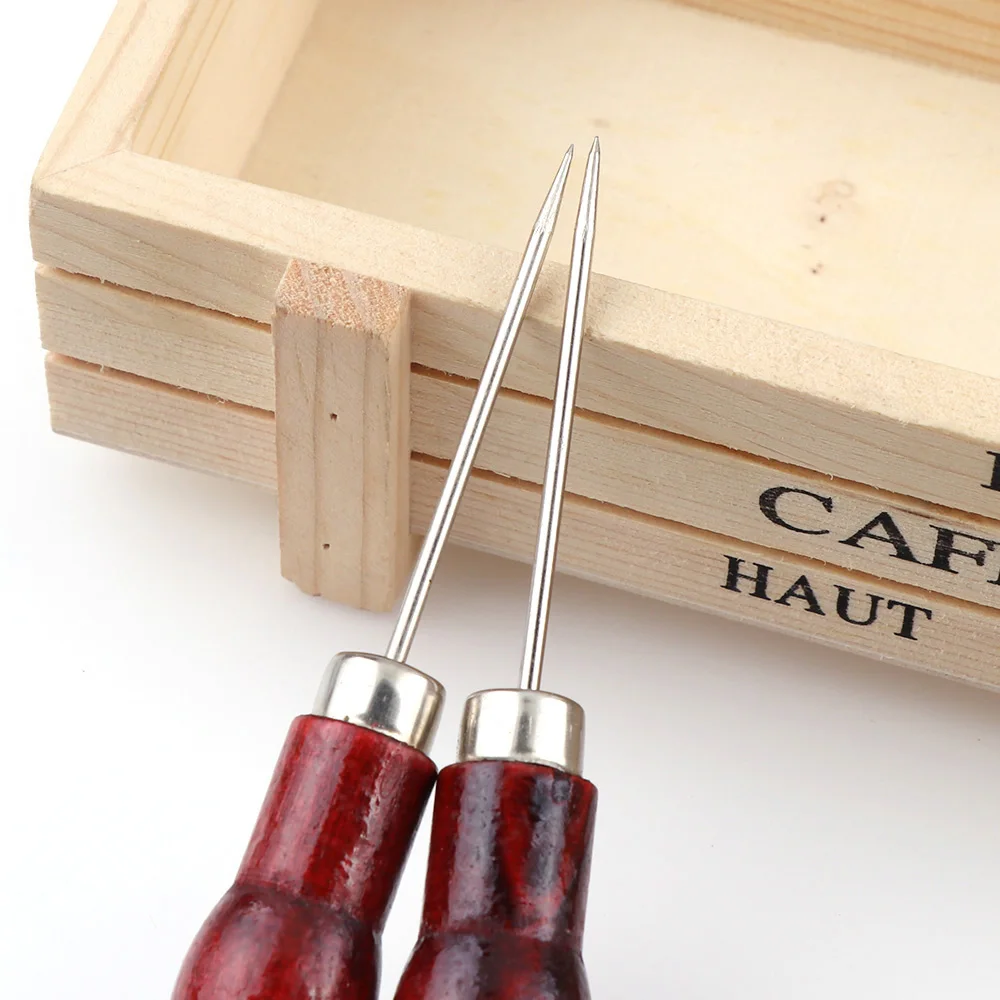 2Pcs Red Color Leather Craft Tip Awl Hand Sewing Tool Leather Edge Slicker Kit Awl Hole Puncher Positioning Drill Tools