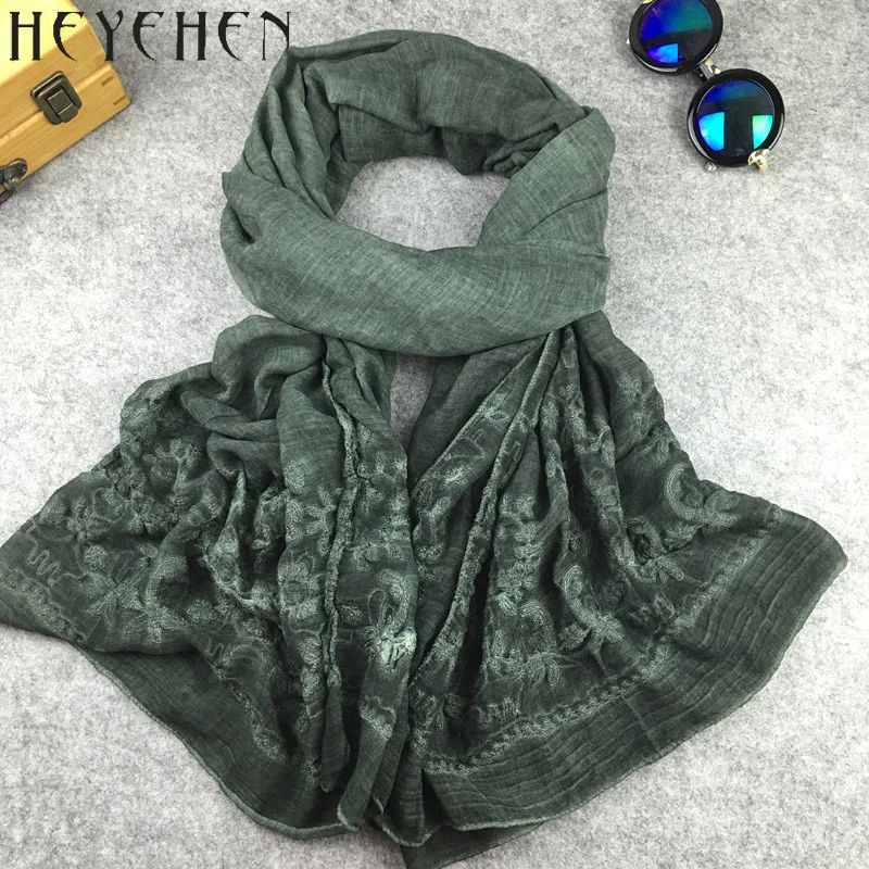 Ethnic Embroidered Style Cotton Lace Bandana Scarf Shawls for Women Winter Muslim Ladies Hijab HY07