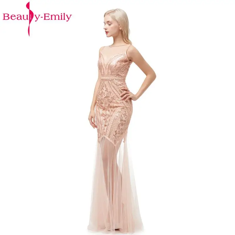 Beauty-Emily Sequins Golden Beading Evening Dresses Mermaid Long Formal Prom Party Dresses 2019 New Style