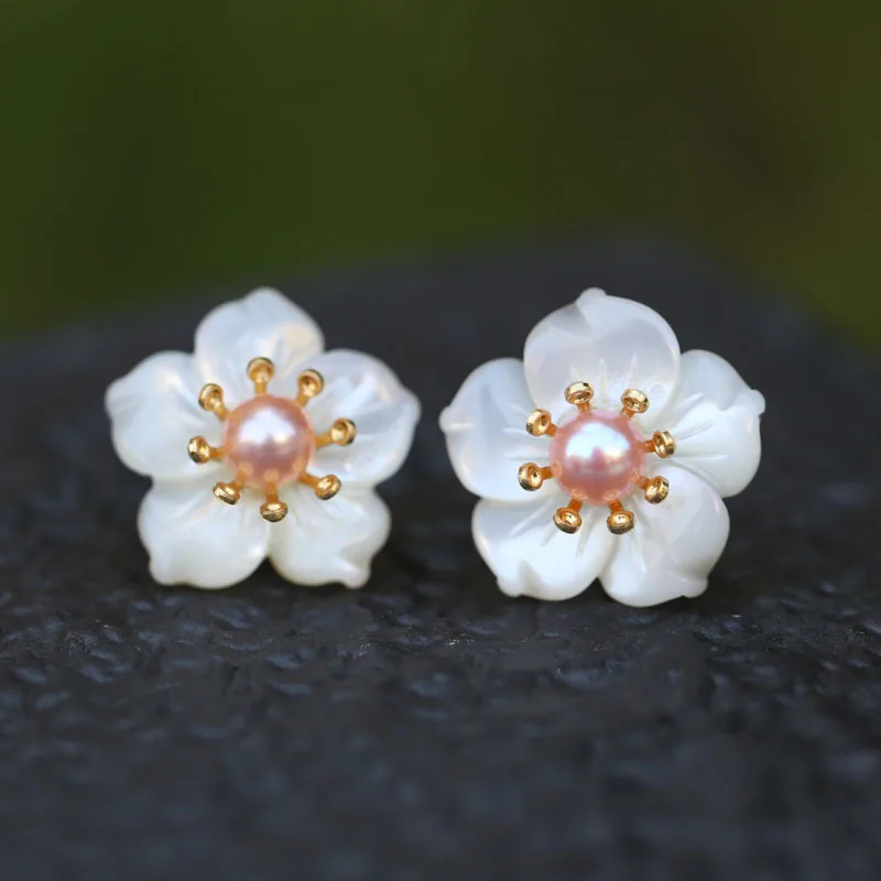 

S925 silver needle shell flower pearl earrings