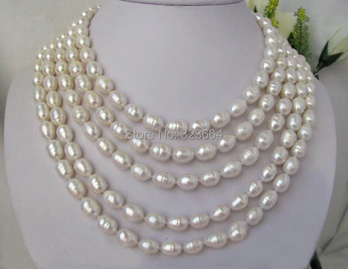 

100" 10mm white baroque rice freshwater pearl necklace