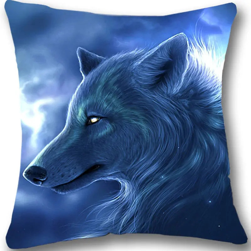 

Wolf and Moon Cushion Cover Fantasy Wolf Decorative Throw Pillow Case Blue Animal Decoration Couch Decor Gift Zippered Print 18