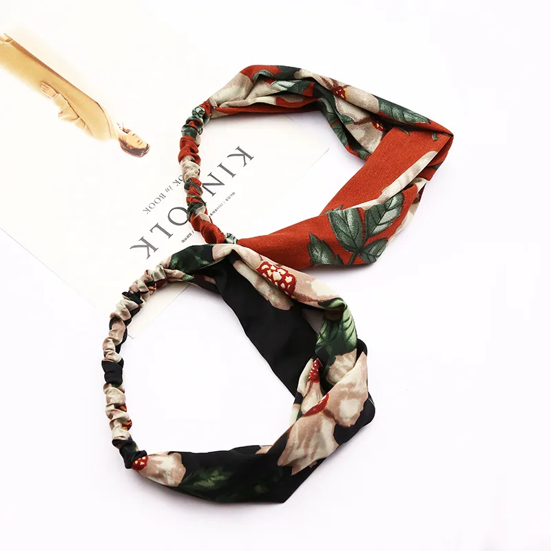 

Wholesale Floral Printed Headband Women Girls Twisted Silk Satin fabric Hair Band Elastic Cross Turban Hair Accesorries