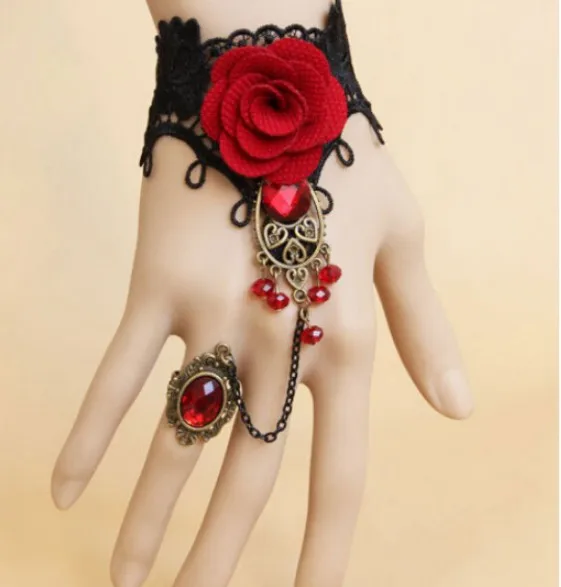 Hot Sale!Vintage Black Lace Cloth Red Rose Bridal Gloves/One Piece Wedding Hand Ornament/Bridal bracelet 48