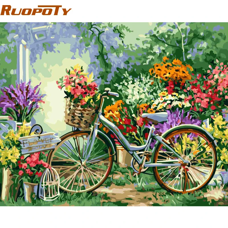 

RUOPOTY Frame DIY Painting By Numbers Bicycle Flowers Kits Acrylic Paint By Numbers Hand painted Oil Painting For Home Decor