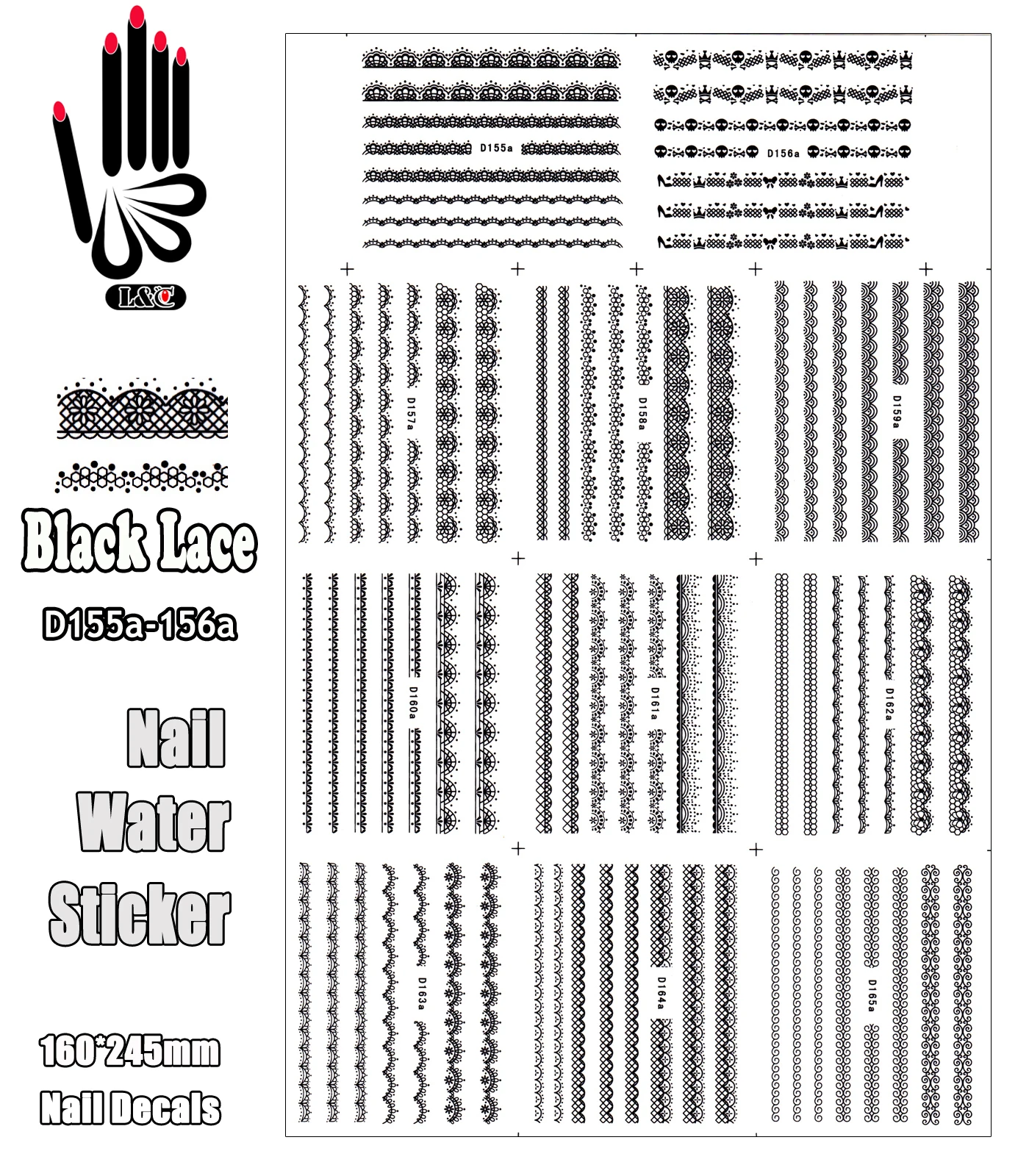 11 Sheets/Lot Nail Art Sticker D155a-165a Black Lace Nail Water Transfer Sticker Decal For Nail Tip(11 DESIGNS IN 1)