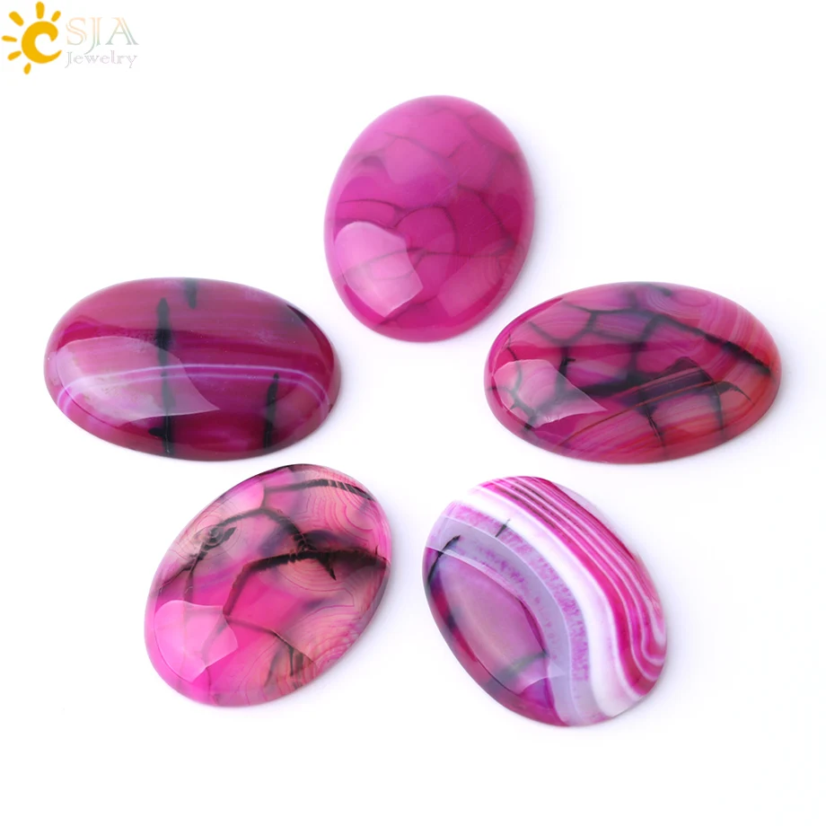 CSJA Natural Cabochon Stone Beads Rose Red Striped Agates Semi-Precious Oval CAB for DIY Handmade Jewelry Making Needlework F836