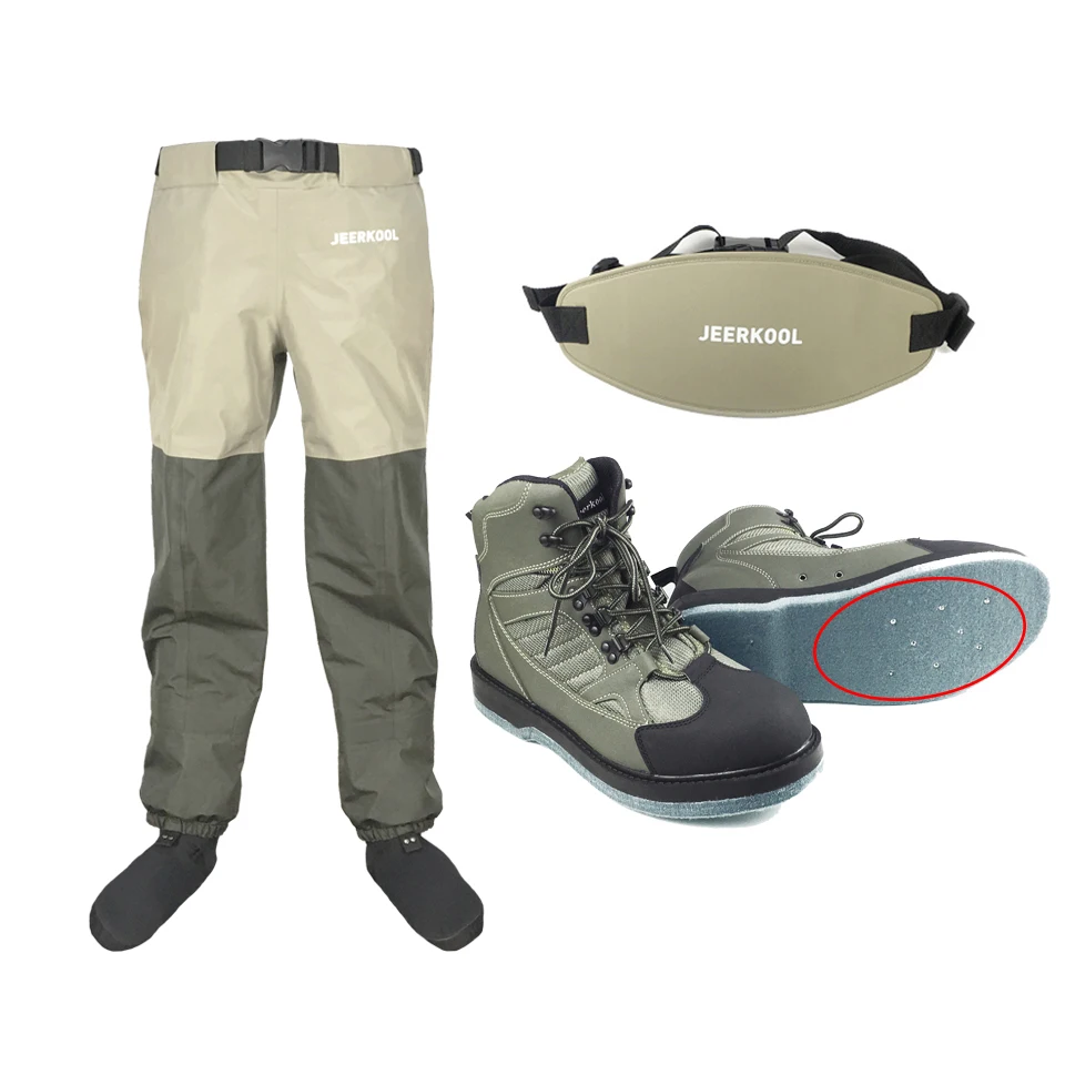 

Waders Fly Fishing Shoes Nails Felt Sole & Waist Pants Belt Clothes Waterproof Hunting Suit Wading Upstream Boots Leaking Water