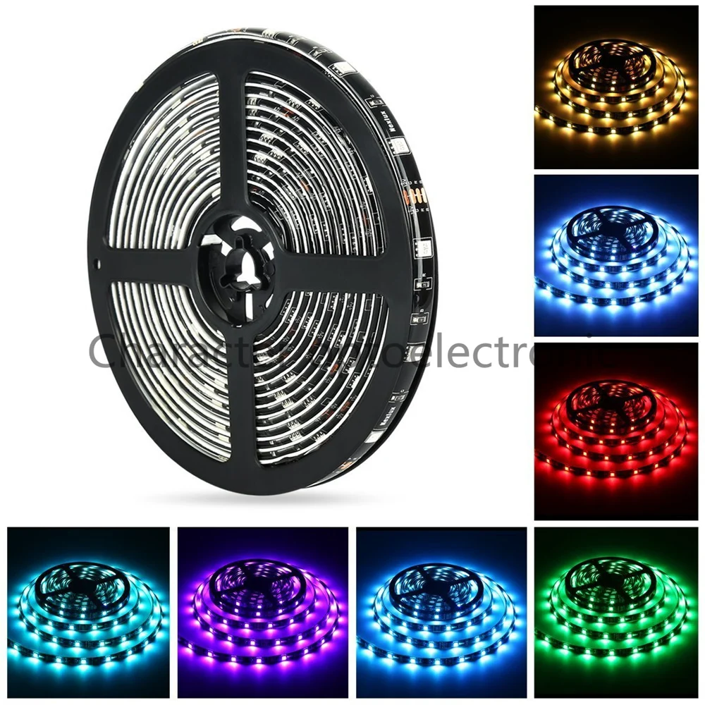 Tira de luces LED 5050 IP30/ IP65, resistente al agua, rojo, verde, azul, blanco frío, blanco cálido, RGB, 12V, negro, PCB, 60LED/m, 5m/lote,