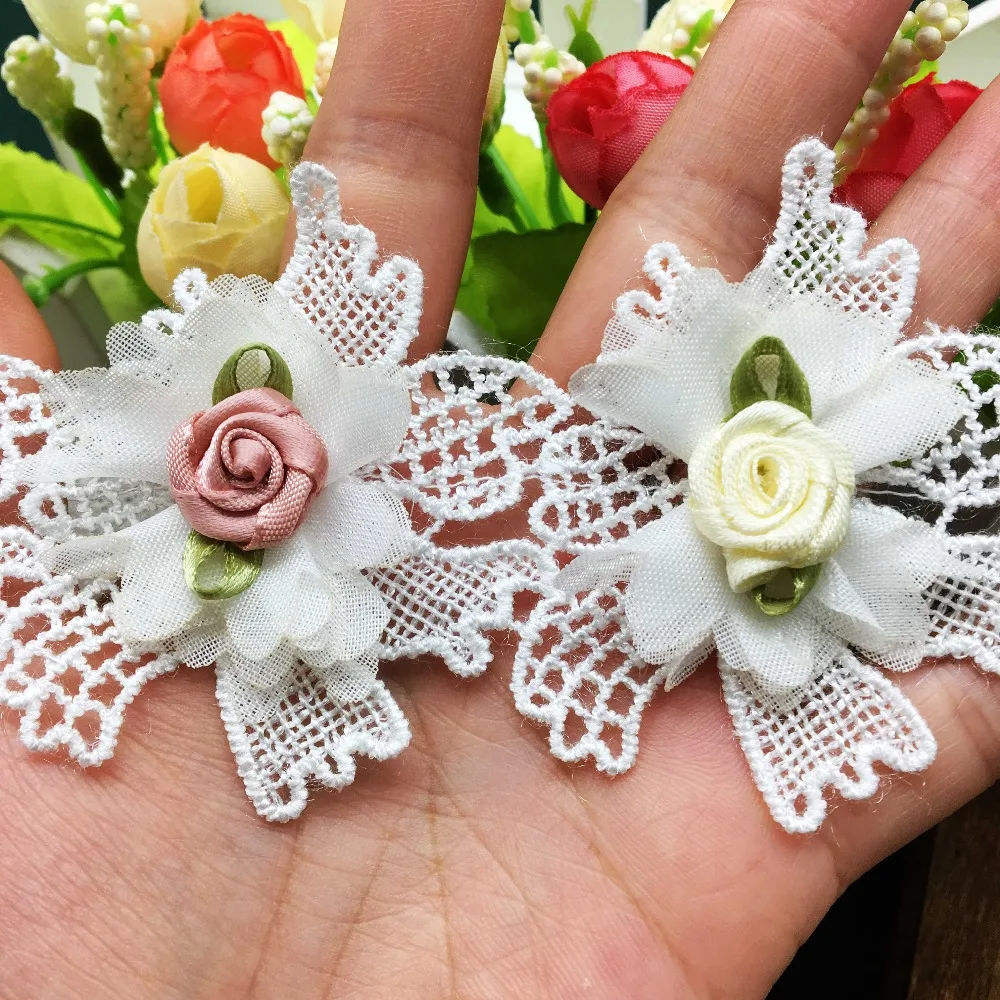 10Pcs Rose Flower Pearl Embroidered Lace Trim Ribbon Fabric Sewing Craft For Costume Wedding Dress Hat DIY Decoration