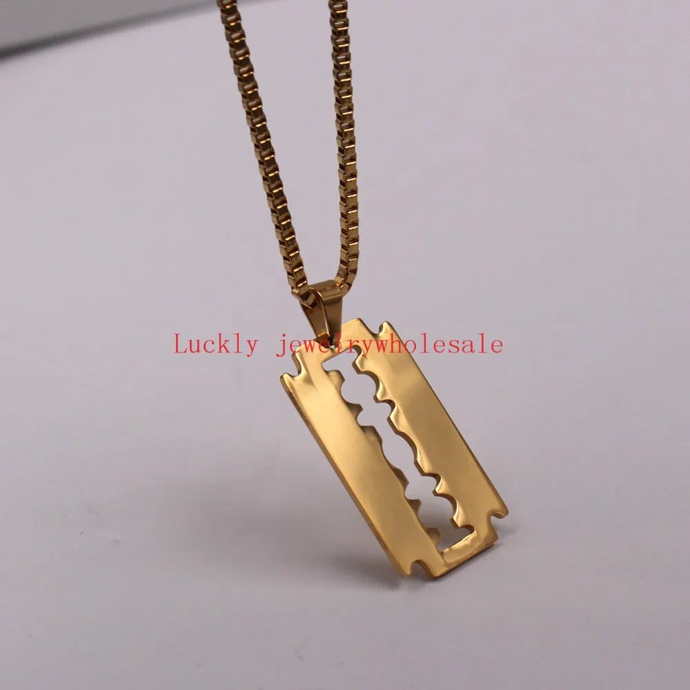 

Stainless Steel Double Edge Blade Necklace Pendant with 24'' Box Chain Barber Jewelry
