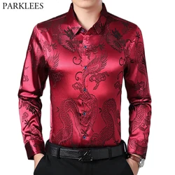 Wijnrood Glad Zijde Satijn Shirt Mannen 2019 Chinese Draak Jacquard Heren Slim Fit Lange Mouw Button Down Jurk Shirts chemise 4XL