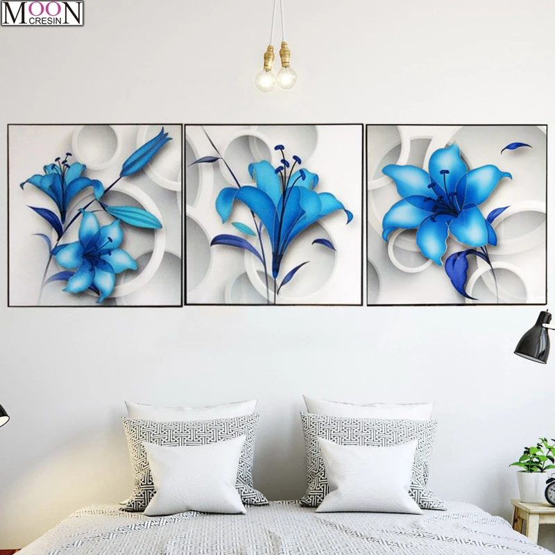 

Triptych DIY 5D Diamond Painting Cross Stitch Blue Lily Flower Diamond Mosaic Full Square Drill DIY Diamond Embroider Decoration