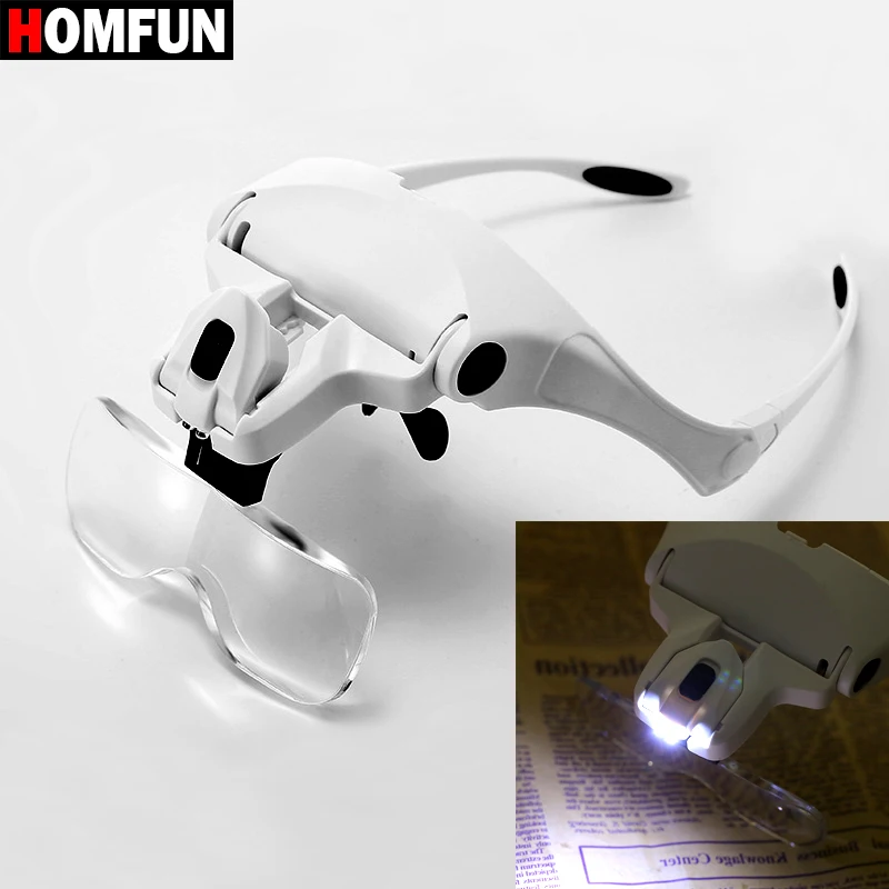 HOMFUN diamentowe malowanie haft 1.0X 1.5X 2.0X 2.5X 3.5X regulowana lupa z 5 obiektywami LED Light z pałąkiem na głowę lupa ze szklaną lampą
