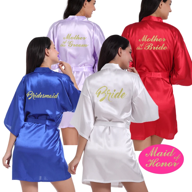 

Bride Maid of Honor Letter Golden Glitter Print Kimono Robes Faux Silk Women Bachelorette Wedding Preparewear Bridal Party Robes