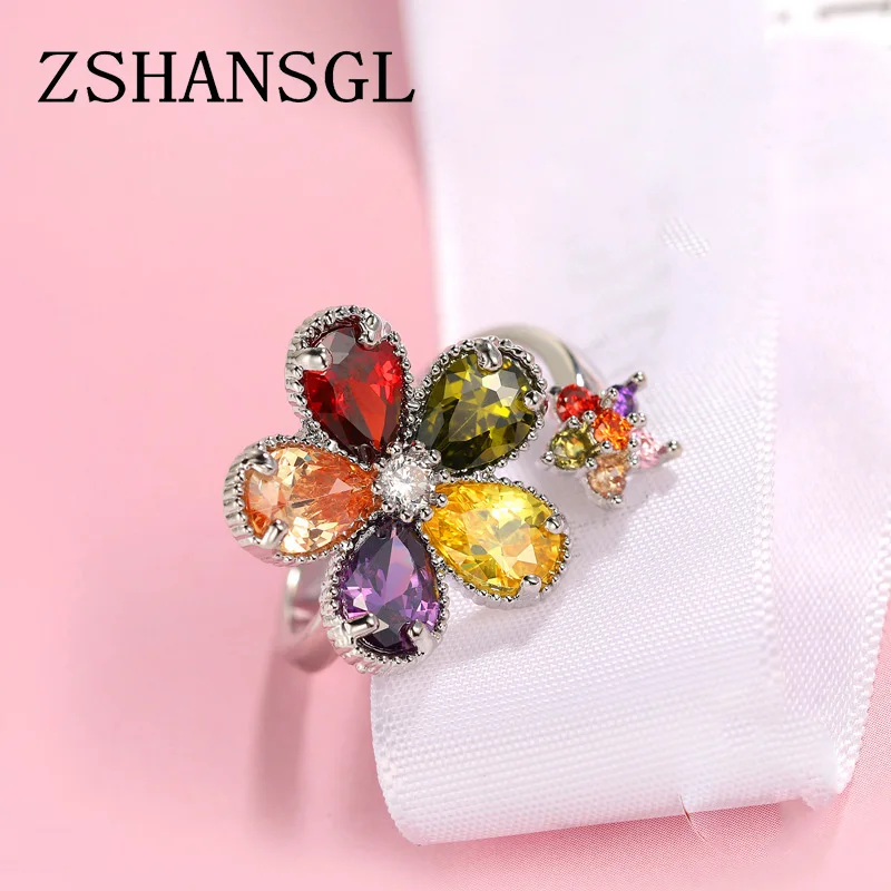 New Arrival 925 sterling silver Flower Shaped Cut Design Opening Rings Multicolor CZ Silver Color Ring for Women Fashion Jewelry