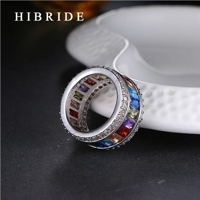 HIBRIDE Luxury 6/7/8/9 Size Rainbow Cubic Zirconia Finger Women Men Ring Top Rhodium Plated Rings For Party Gifts QSP0010-19