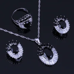 Sublime Flower Black Cubic Zirconia White CZ Silver Plated Jewelry Sets Earrings Pendant Nacklace Chain Ring V1002