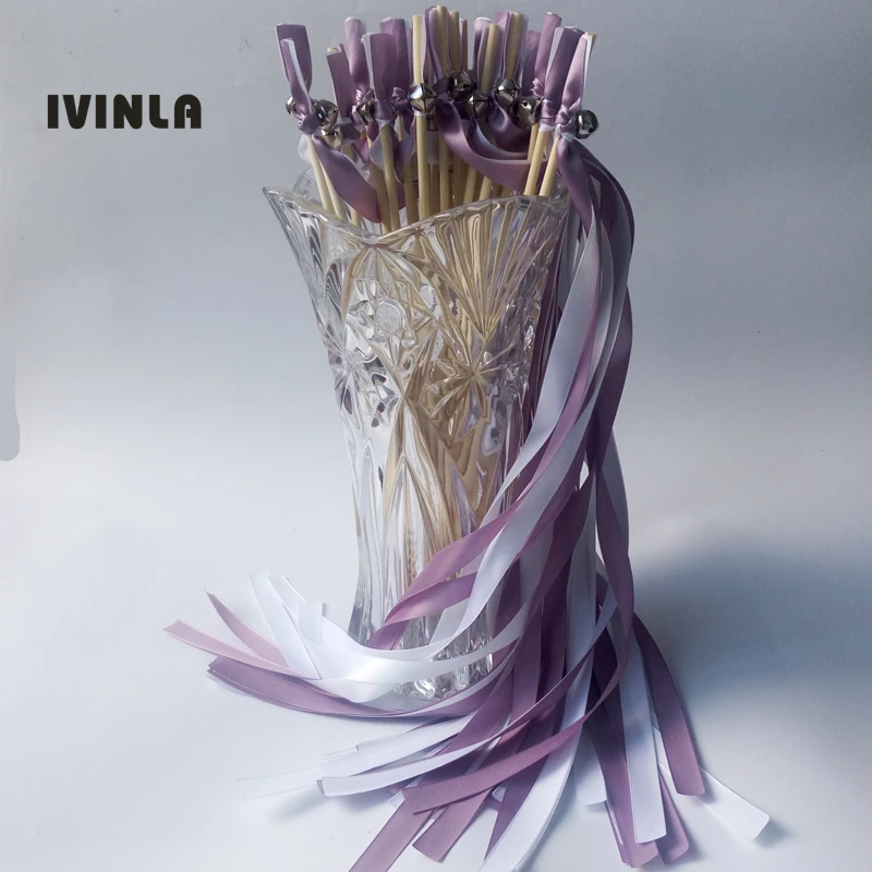 New arrived 50pcs/lot purple and white Wedding ribbon stick wands  Satin Ribbon Streamers With sliver Bells