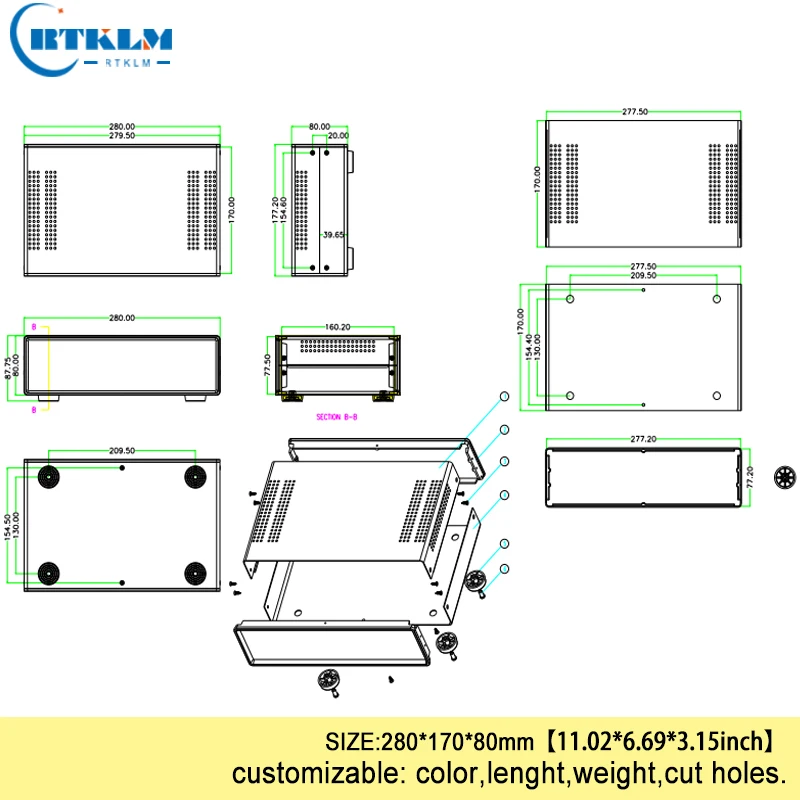 DIY junction box switch distribution case Custom diy Iron project box for electronic housing instrument box 280*170*80mm