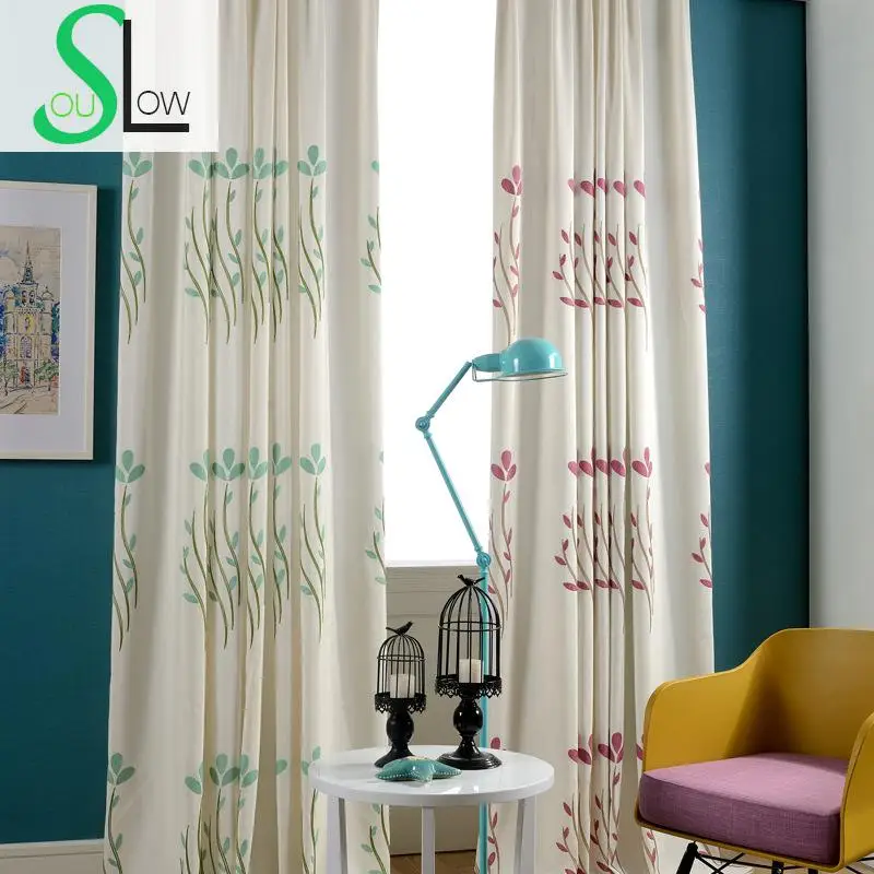 Slow Soul Rose Red Green Grass Rhythm Embroidery Curtain Cotton French Window Floral Curtains For Living Room Luxury Kitchen