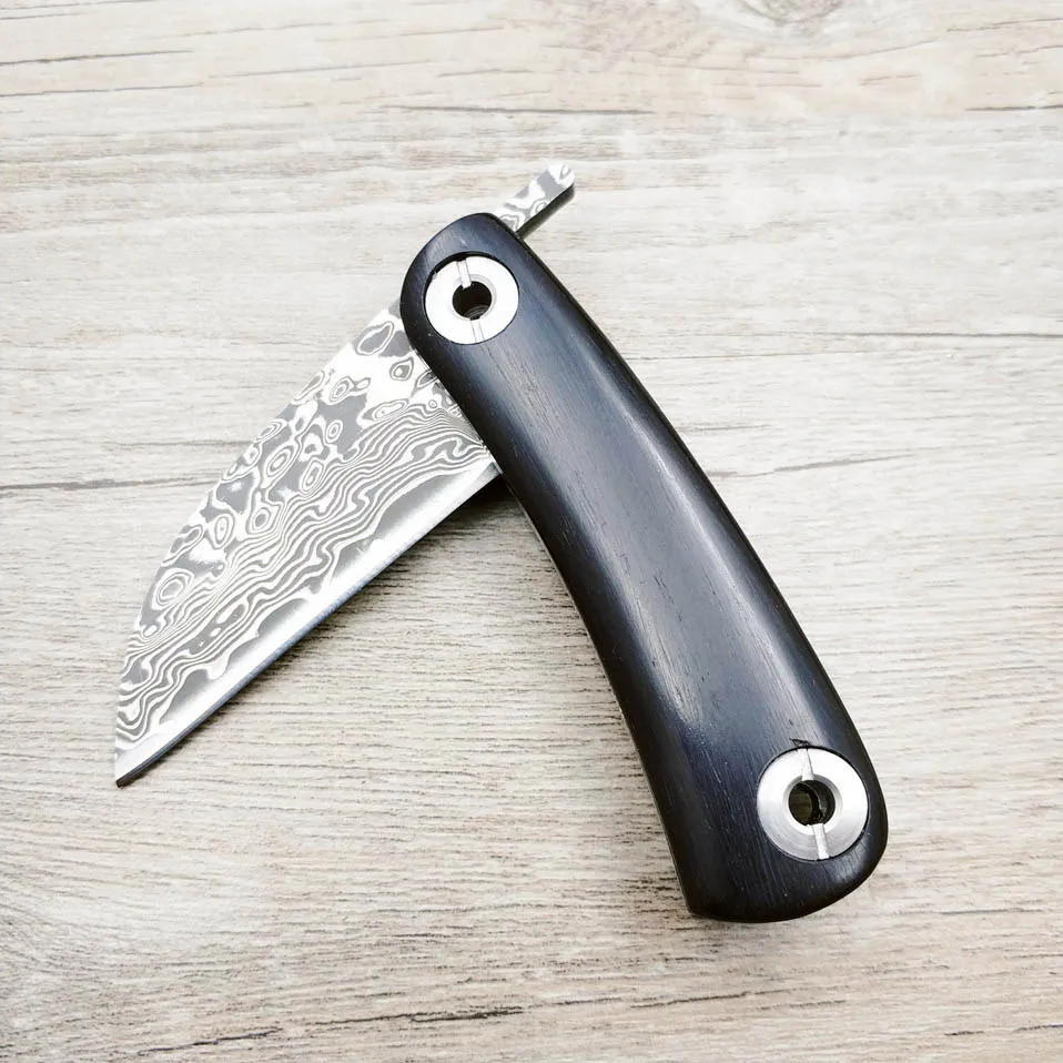 59 HRChandmade Thép Damascus Dao Gấp Bỏ Túi Dao Bằng Tay Ngoài Trời Di Động Gấp Gọn Tiện Ích Gỗ Hồng Sắc Tay Cầm