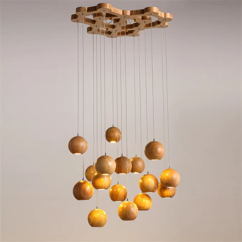 Natural Source Pendant Lights Nordic American Hanglamp Log Restaurant Bar Round Ball LED Solid Wood Luminaire Suspendu