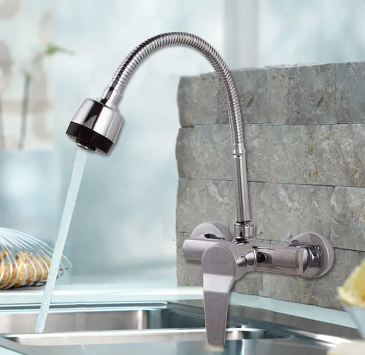 

high quality brass dual hole wall mounted kitchen mixer faucet hot and cold water