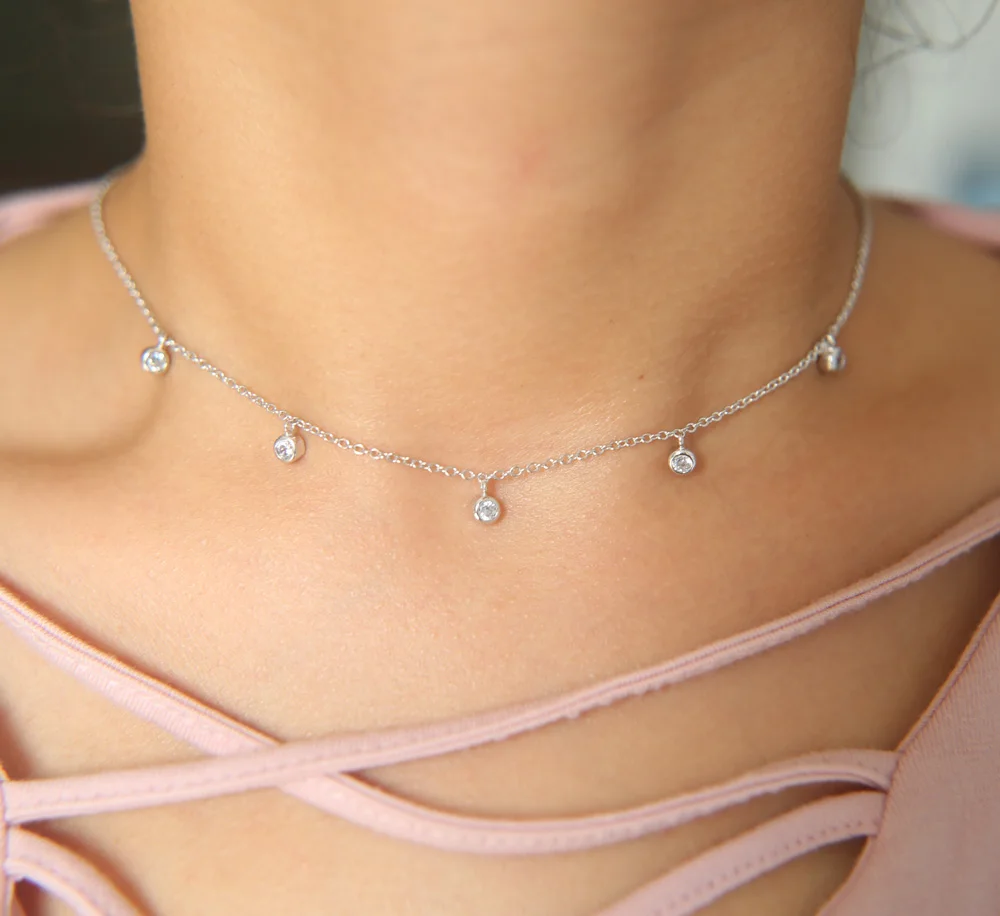 New arrival 925 Sterling Silver 35+7cm extend chain 3mm cz charm drop dainty chain cz necklace for girl