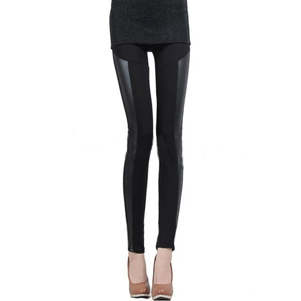 New Slim Fit Women Leggings Splicing Sexy Stretch Stripe Leggins Cotton Faux Leather Legging Pants