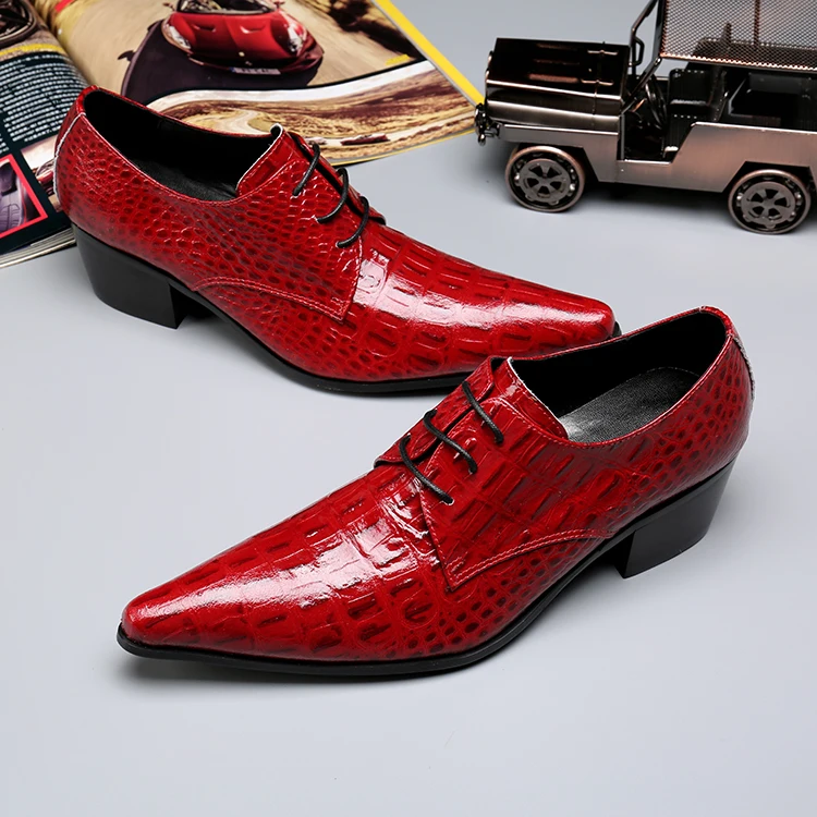 Zapato Hombre Genuine Leather Men Dress Shoes Red Crocodile Print Lace Up Business Office Men Shoes Italian Wedding Male Shoes