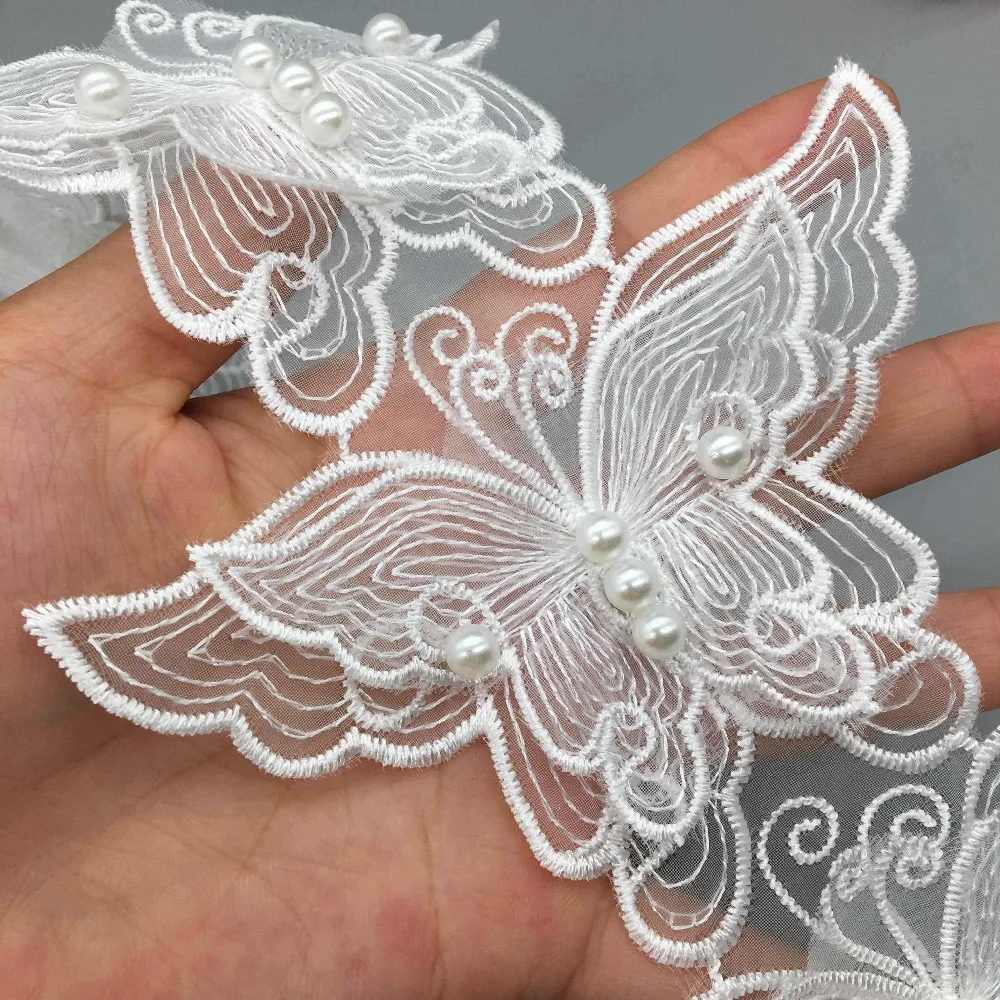 10/20pcs Organza Rhinestone Butterfly Embroidered Pearl Lace Trim Flower Applique Trimmings Ribbon Fabric Wedding Dress Sewing