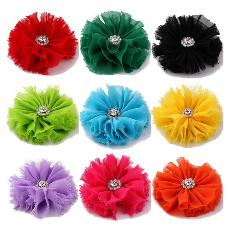 

50pcs/lot 16colors Hair Clips Ballerina Chiffon Flower+Rhinestones For Hair Accessories Shabby Fabric Flowers For Headbands DIY